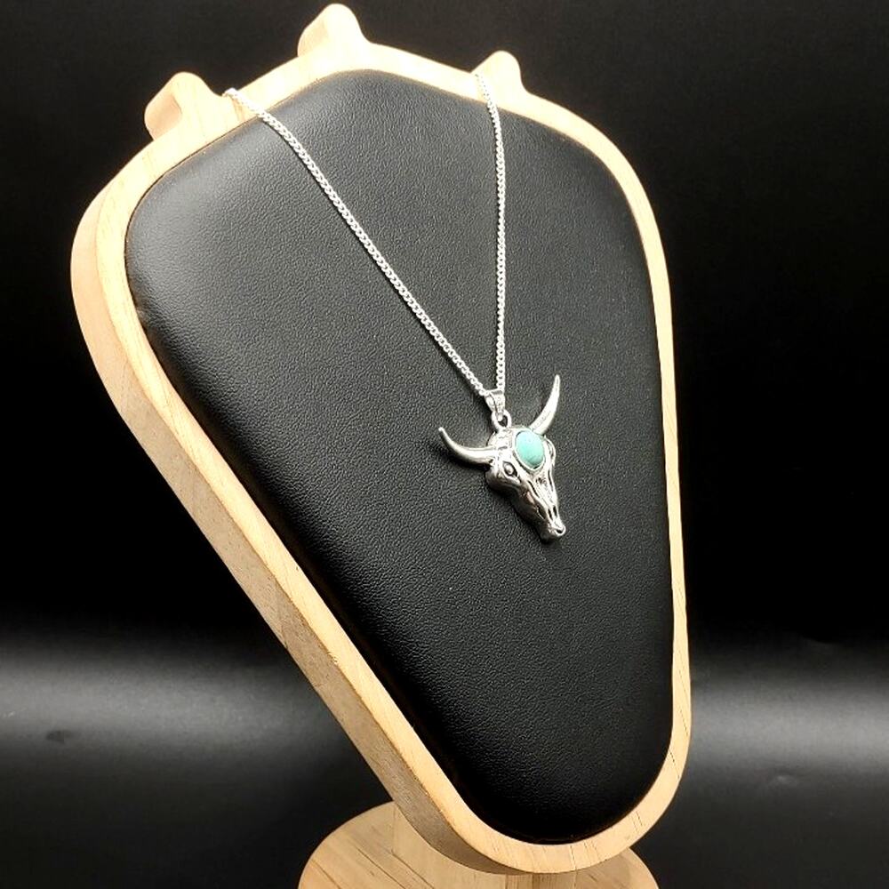 925 Silver Necklace w/ Turquoise Bull Skull Horns Pendant Unisex Vtg. Boho Gift